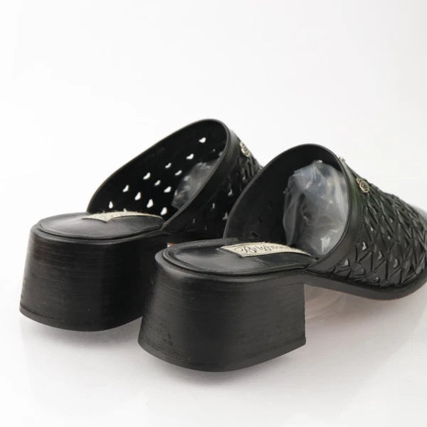 Brighton Womens Fanny Mule Size 8.5 Black Leather Block Heel Slide Woven Shoe