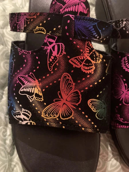 FASHION Metallic Rainbow Butterfly Slip-On Wedge Heel Sandals Size 9 / 40 NEW