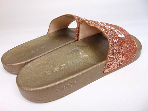 Bebe Women's Fraida Glitter Slide Fashion Sandals Flats Size 8.0 M, Rose Gold
