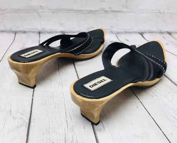 Diesel Black Leather Wooden Heel Slide Sandals Women’s Size 9 Point Toe Strap