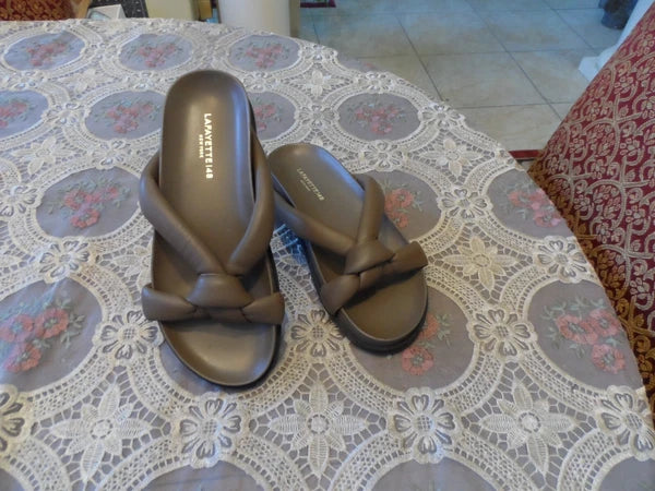 Lafayette 148 New York Brown lamb Leather Quilted Knotted Slide Sandals Size 7M