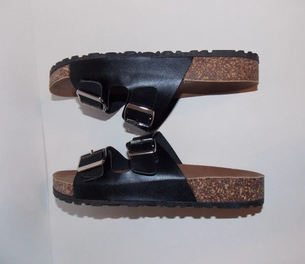 Buckle Style Slip on Slide Sandals Ladies Size 7M Black