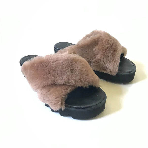 Peserico Slide Sandals Womens 36 6 Black Mauve Pink Fur Platform Slip On Fuzzy