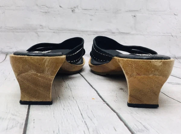 Diesel Black Leather Wooden Heel Slide Sandals Women’s Size 9 Point Toe Strap