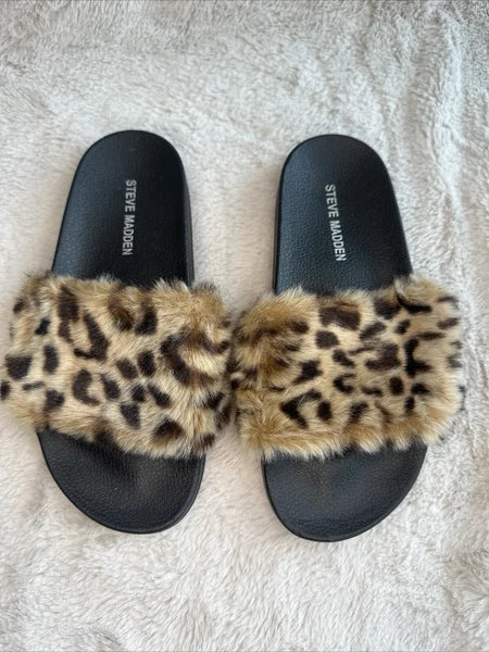 Steve Madden Leopard Faux Fur Slides Rubber Slip On Women’s Size 6 Small Plushy
