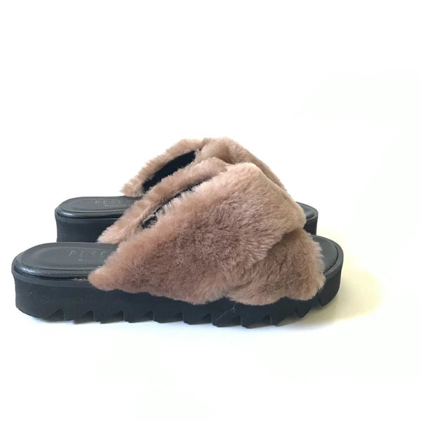 Peserico Slide Sandals Womens 36 6 Black Mauve Pink Fur Platform Slip On Fuzzy