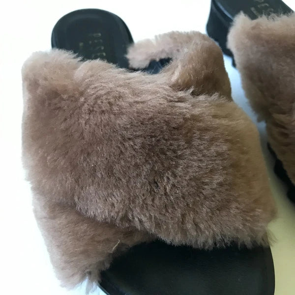 Peserico Slide Sandals Womens 36 6 Black Mauve Pink Fur Platform Slip On Fuzzy