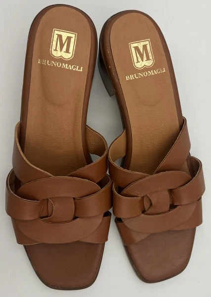 BRUNO MAGLI ARIA Block Heel Brown Leather Slide Sandal Women's Size 9M NEW