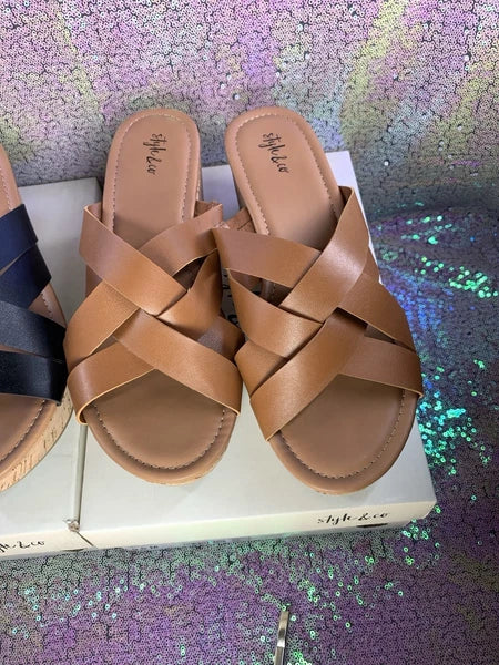 STYLE & CO Women's Black & Brown Smooth Violettee Slide Wedge Sandals SZ 9.5