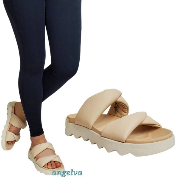 Sorel viibe puff twist platform sandals blush leather slip on double strap comfy