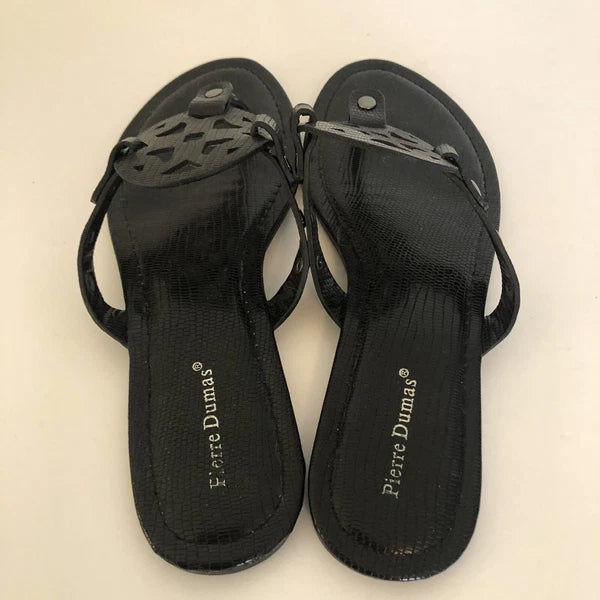 Pierre Dumas Limit Flat Slip On Thong Sandals Flip Flops 6 M Black Vegan Leather