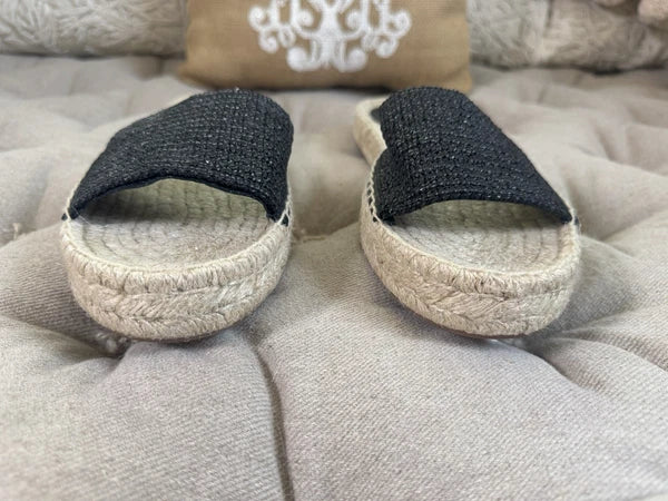 EUC J Crew Black Raffia Slip On Espadrille Flat Sandal Slide Band Style Size 10