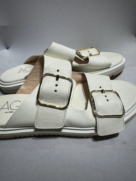 New Women's AGL Off White Sabina Leather Buckle Slide Sandals 39 EUR US 8-8.5