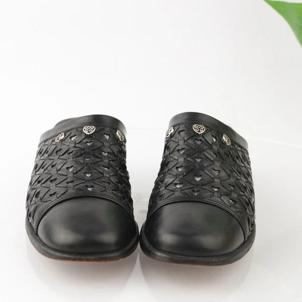 Brighton Womens Fanny Mule Size 8.5 Black Leather Block Heel Slide Woven Shoe
