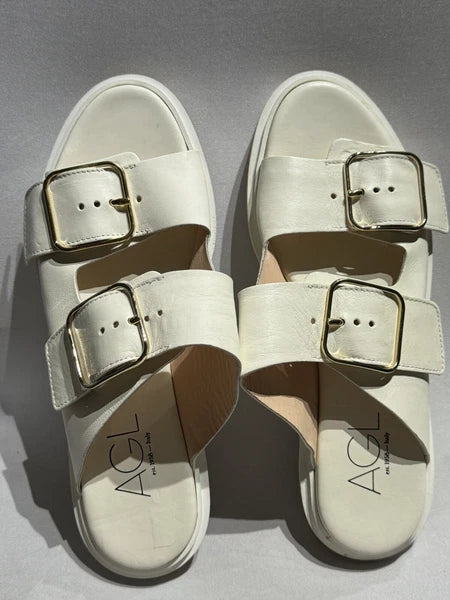 New Women's AGL Off White Sabina Leather Buckle Slide Sandals 39 EUR US 8-8.5
