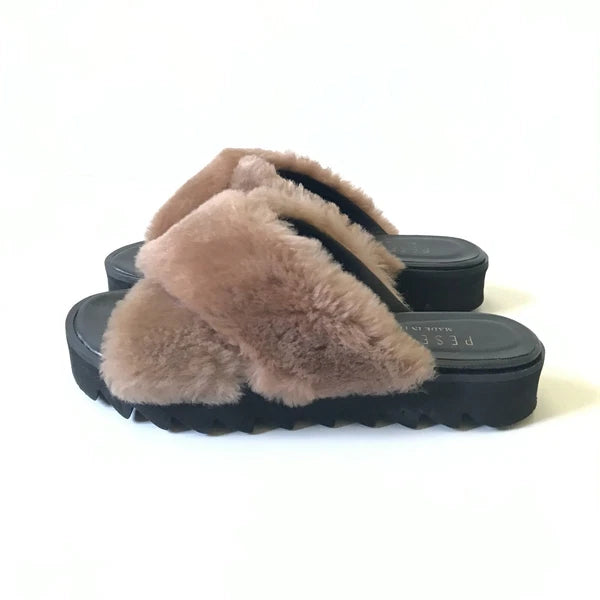 Peserico Slide Sandals Womens 36 6 Black Mauve Pink Fur Platform Slip On Fuzzy