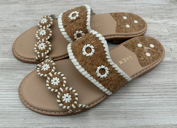 Jack Rogers Caroline Sandal Natural Tan Cork White Stitched Flat Slide  Size 9 M
