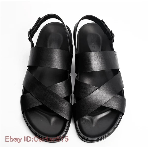 Open Toe Sandals Slingbacks Buckle Real Leather Men's Beach Shoes Roman Style 43
