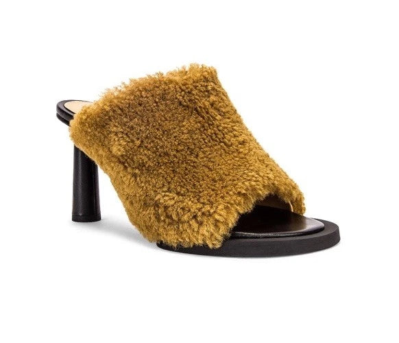 Jacquemus Les Mules Carre Rond Khaki Lambswool Shearling Heel Sandal Designer 39