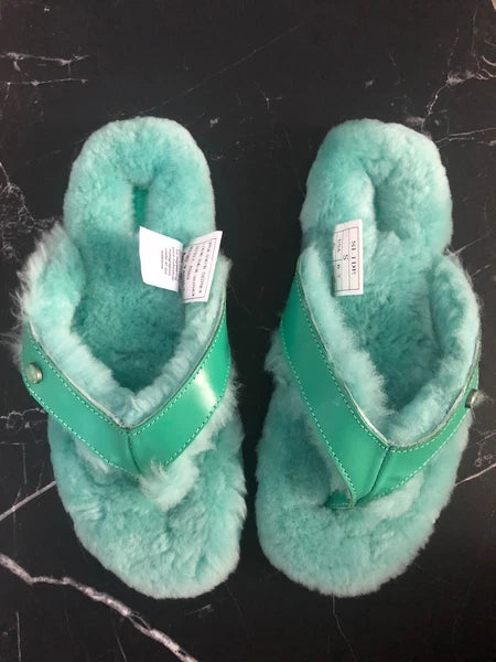 AUSTRALIA LUXE Slide Sheepskin Flip Flops Turquoise Flat Leather Sandals *S/ 6-7