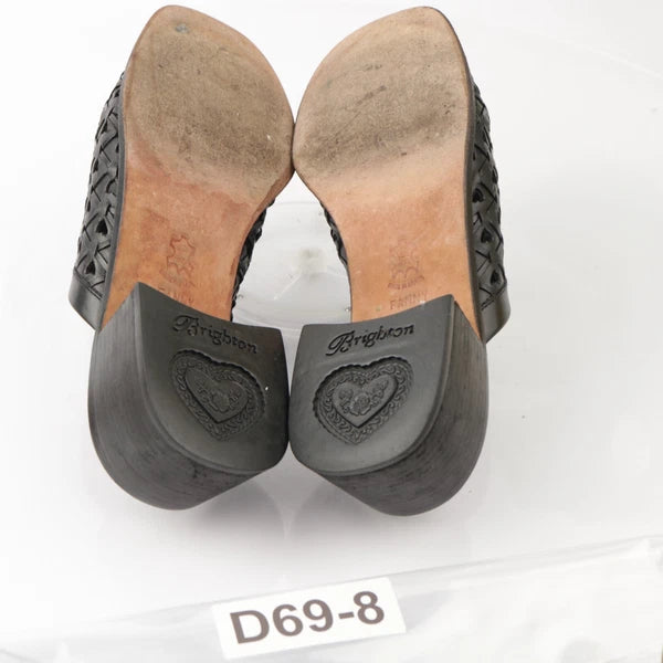 Brighton Womens Fanny Mule Size 8.5 Black Leather Block Heel Slide Woven Shoe