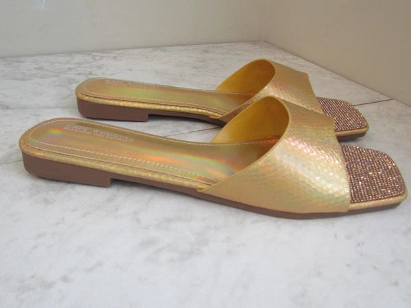 NIB Cape Robbin Seya Gold Shimmer Wide Strap Slides Sandal Shoes Women's Size 11