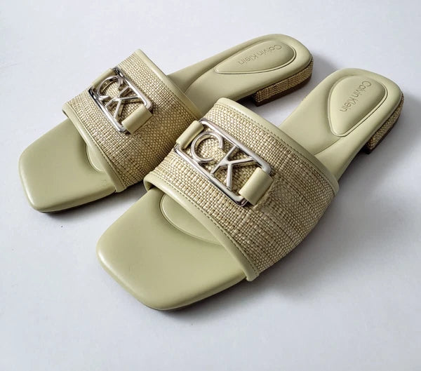 Calvin Klein womens sandals Signature logo Slides Size 8.5 9 Light Yellow