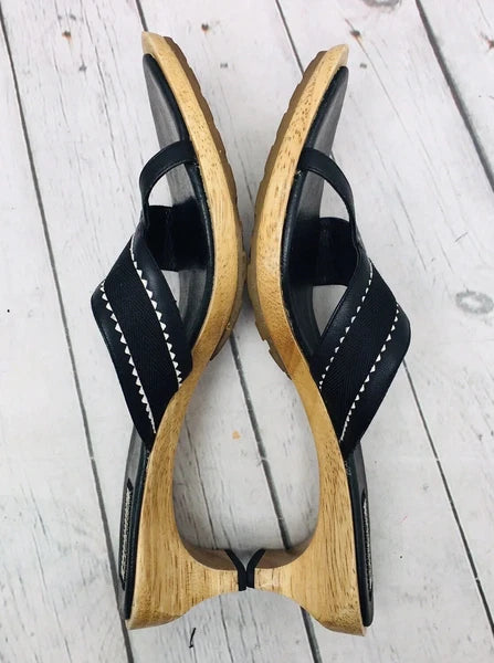 Diesel Black Leather Wooden Heel Slide Sandals Women’s Size 9 Point Toe Strap