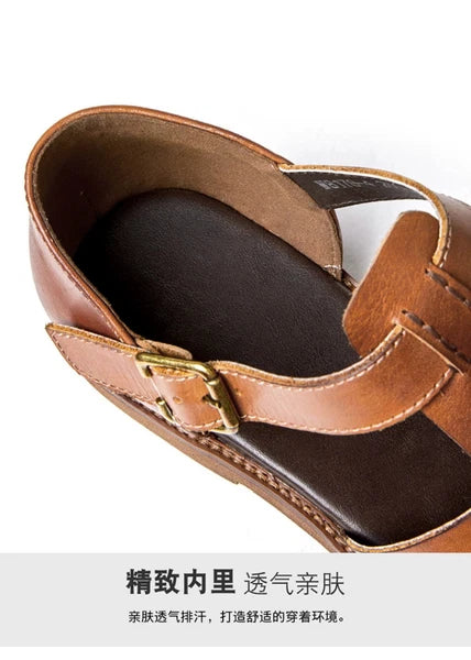 Roman Style Closed Toe Sandals Hollow Out Buckle Real Leather Men's Shoes Casual