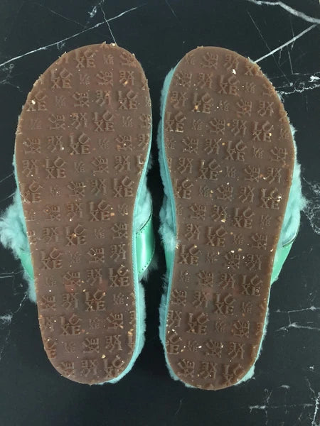 AUSTRALIA LUXE Slide Sheepskin Flip Flops Turquoise Flat Leather Sandals *S/ 6-7