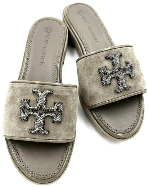 TORY BURCH ELEANOR HEELED SLIDE CRYSTAL LOGO GRAY HERON SUEDE SZ US 8 NIB