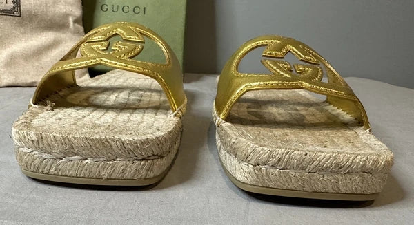 Gucci Interlocking G Cut Out Espadrille Sandals Women Size 39.5 (US 9.5) Authent