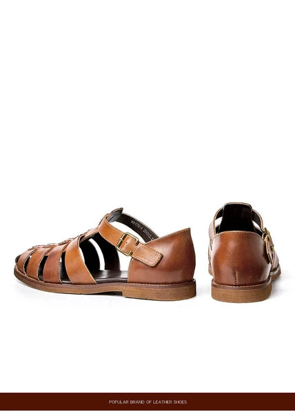 Roman Style Closed Toe Sandals Hollow Out Buckle Real Leather Men's Shoes Casual