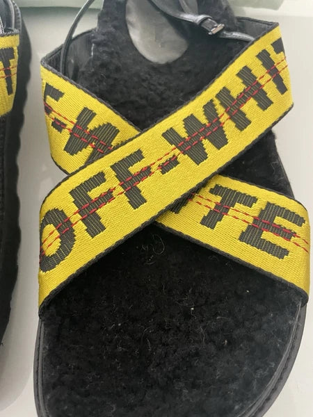 Off - White Yellow Canvas Leather Strap Sandals Women US 7.5