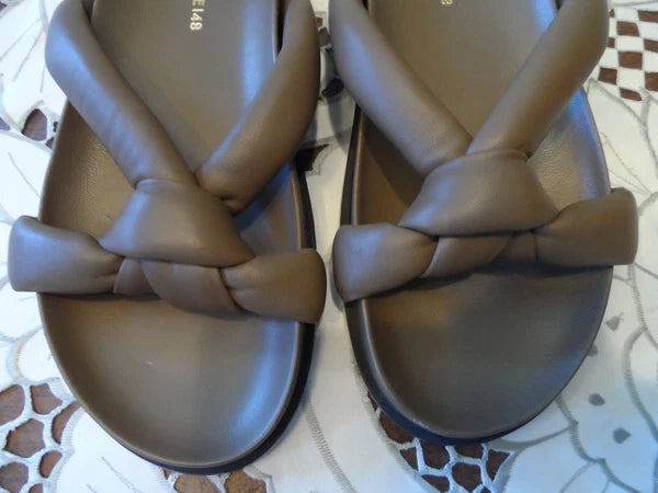 Lafayette 148 New York Brown lamb Leather Quilted Knotted Slide Sandals Size 7M
