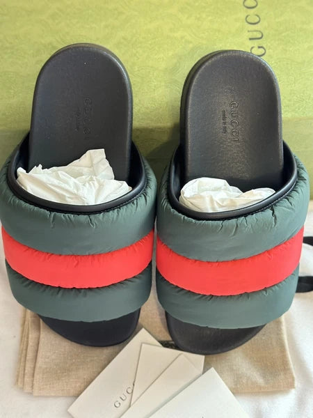Gucci Web Puffer Nylon Slides Sandals Sz 37 Made In Italy BNIB