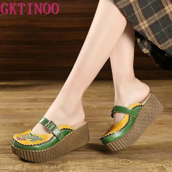 Wedge Slides Shoes Women Buckle Flower Cut Out Summer Leather Platform Slippers