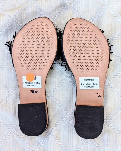 NEW SHERIDAN MIA SUMMER Gray Suede Tassel Fringe POM POM Slide Sandals Wms Sz 37