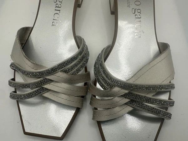 Pedro Garcia Light Gray Satin Swarovski Strap Slide Low-Heel Sandal Women Sz 38