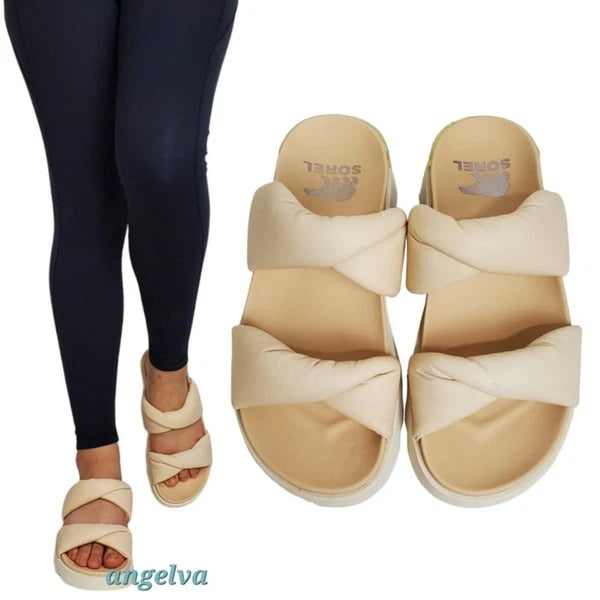 Sorel viibe puff twist platform sandals blush leather slip on double strap comfy