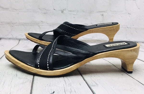 Diesel Black Leather Wooden Heel Slide Sandals Women’s Size 9 Point Toe Strap