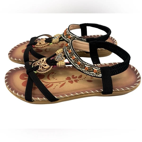 Fashion Women's Sandals Flat Rhinestone Elastic Band Comfy Studded Shoes Size 7