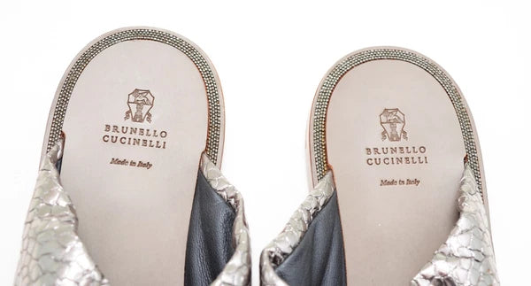 Brunello Cucinelli Reptile Print Metallic Silver leather Slide Sandals  Sz EU 40