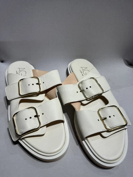 New Women's AGL Off White Sabina Leather Buckle Slide Sandals 39 EUR US 8-8.5