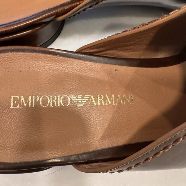 Emporio Armani Women’s Open Toe Slide Mules Brown Leather Size US 9 EU 39