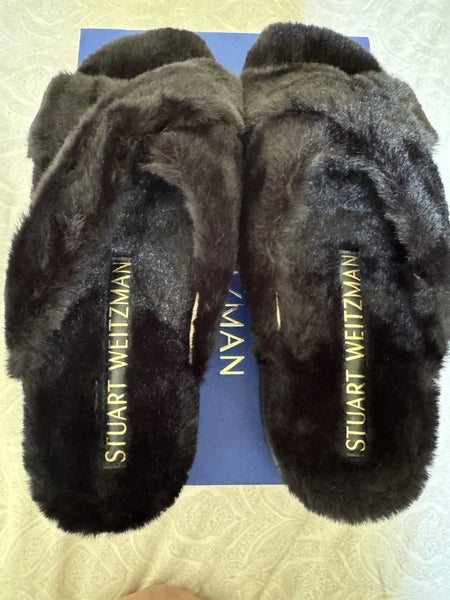 Stuart Weitzman Roza Lift Chill Slide Women's 7.5 Black Fur Sandal