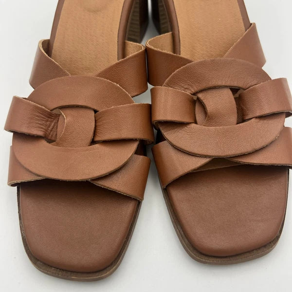 BRUNO MAGLI ARIA Block Heel Brown Leather Slide Sandal Women's Size 9M NEW