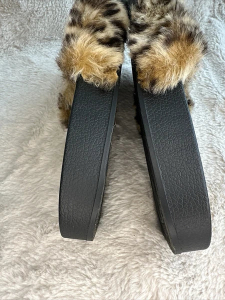 Steve Madden Leopard Faux Fur Slides Rubber Slip On Women’s Size 6 Small Plushy