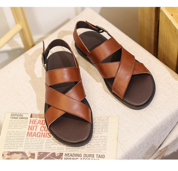 Mens Slingback Sandals Open Toe Real Leather Cowhide Strap Flats Summer Shoes sz