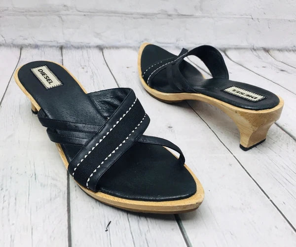 Diesel Black Leather Wooden Heel Slide Sandals Women’s Size 9 Point Toe Strap